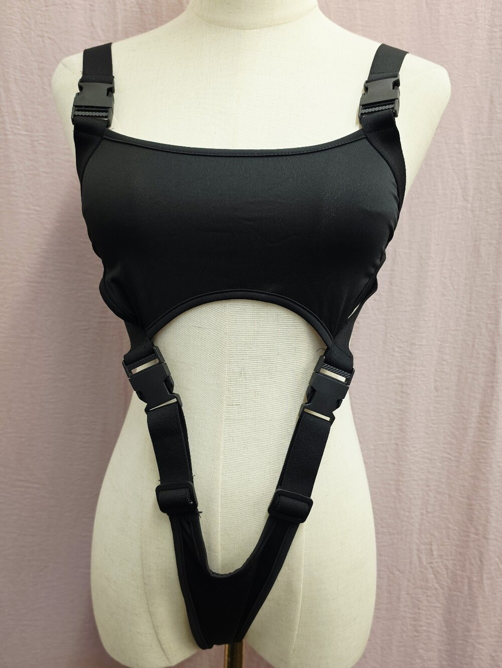 NevStudio Techwear Skinny Strap Buckle Cut Out Bodysuit- BLK, SMALL NWT!